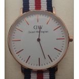 New gents Daniel Wellington white faced stainless steel wristwatch on canvas strap