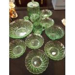 Collection of retro 1940's green glass, fruit set biscuit barrel,