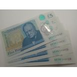 Four consecutive £5 notes, AK36 069020, AK36 069021, AK36 069022 and AK36 069023,