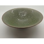 Chinese 18thC celadon glazed dish decorated with fish and vegetation CONDITION REPORT: