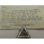 Vintage womens junior Air Corps badge with Air Ministry letter dated 1942