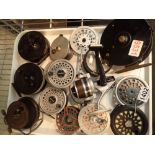 Tray of fishing reels and spools including Ogden Smith of London