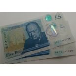 Two consecutive £5 notes, AE01 247274 and 247275,