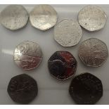 Nine different 50 pence pieces