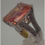 Sterling silver large emerald cut orange stone ring,