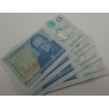 Four consecutive £5 notes AJ56 800974, to 800977,