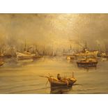 Oil on canvas of Italian harbour, signed L Morona c1960,