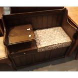 Vintage priory style oak telephone table with single drawer and lifting seat storage cupboard,