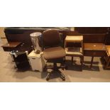 Collection of mixed household furniture including stools, large mahogany bed head,