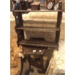 Antique ebonised occasional table with carved top and an ebonised three shelf wall display with