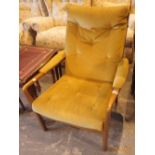Beech framed vintage upholstered lounge armchair in mustard