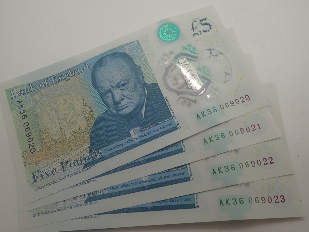 Four consecutive £5 notes, AK36 069020,