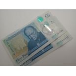 Two consecutive £5 notes, AE22 690636 an