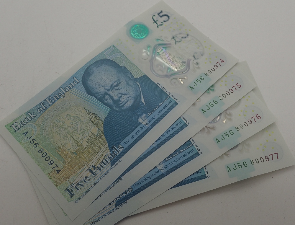 Four consecutive £5 notes AJ56 800974, t