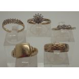 Five 9ct yellow gold rings, three diamond set, one 9ct gold,