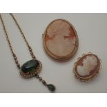 Two 9ct gold cameo brooches and a 9ct gold green stone and seed pearl necklace,