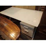 Modern glass desk with single pedestal and drawer,