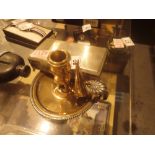 Copper and pewter candlestick with snuffer and a silver plated cigarette box