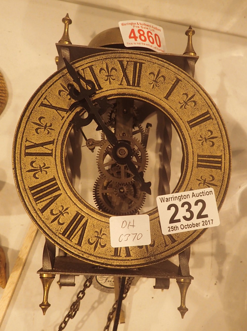 Wall mounted skeleton clock, Tempus Fugit with top bell, chain drive,