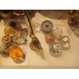 Collection of glass paperweights and a Murano glass pheasant