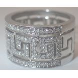 9ct white gold wide diamond set Greek key band ring, size Q, RRP £900.