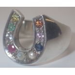 925 silver gents horseshoe ring set with semi precious stones,