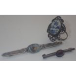 Dutch 925 silver filigree ring with inset Delft plaque and two 925 silver Edwardian bar brooches