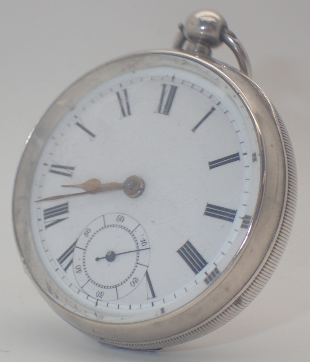 Hallmarked silver key wind open face pocketwatch Roman numeral chapter ring, secondary dial,