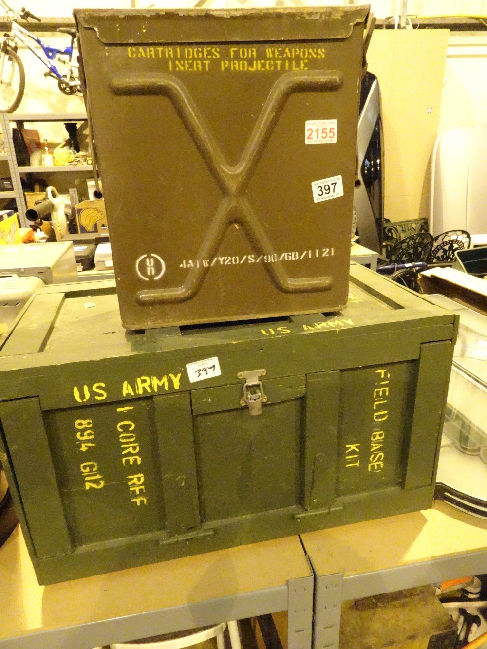 US Army field base kit wooden carry box and a metal ammo box