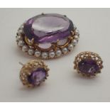 9ct yellow gold amethyst stone and seed pearl set brooch and matching earrings, total weight 11.