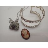 Silver cameo brooch silver necklace and pendant and cuff bracelet