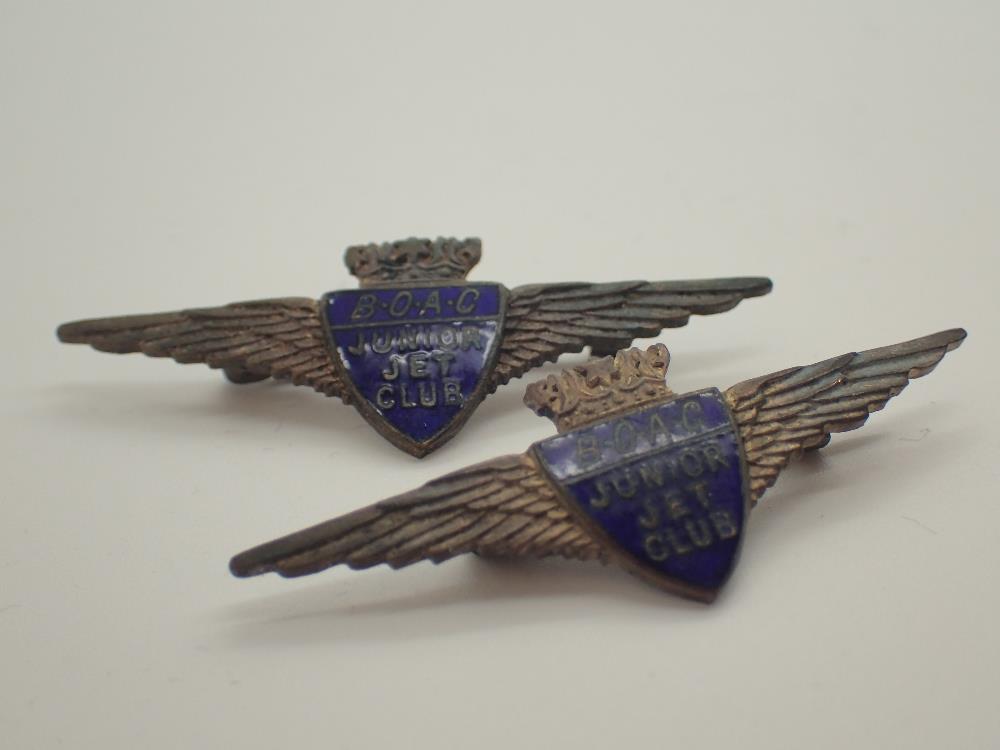 Two white metal and enamel BOAC Junior Jet Club badges