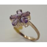 9ct gold amethyst and diamond flower ring,