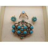 14ct yellow gold matching turquoise cabochon set earrings and ring,