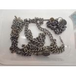 Box of white metal watch chains keys and fobs