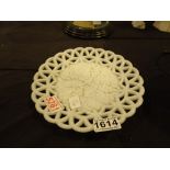 Victorian milk glass dish with pierced edging and impressed lozenge date verso