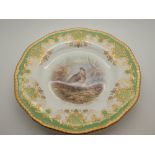 Set of six Coalport green ground cabinet plates decorated with various game birds signed PH Simpson