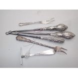 Pair of silver handled button hooks silver pusher and two white metal forks