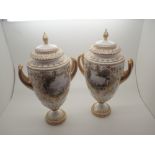 Pair of Royal Worcester vases and covers decorated with landscape panels reserved against a white