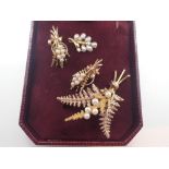 9ct yellow gold seed pearl set fern brooch pendant and earrings, 15.