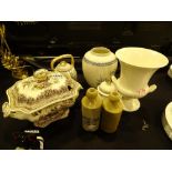 Wedgwood cream urn vase a Crown Devon jar and three stoneware bottles