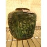 Celadon green hexagonal panel spice jar, Sung period,