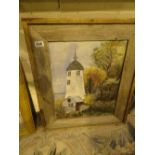 Oil on board windmill scene with driftwood frame,