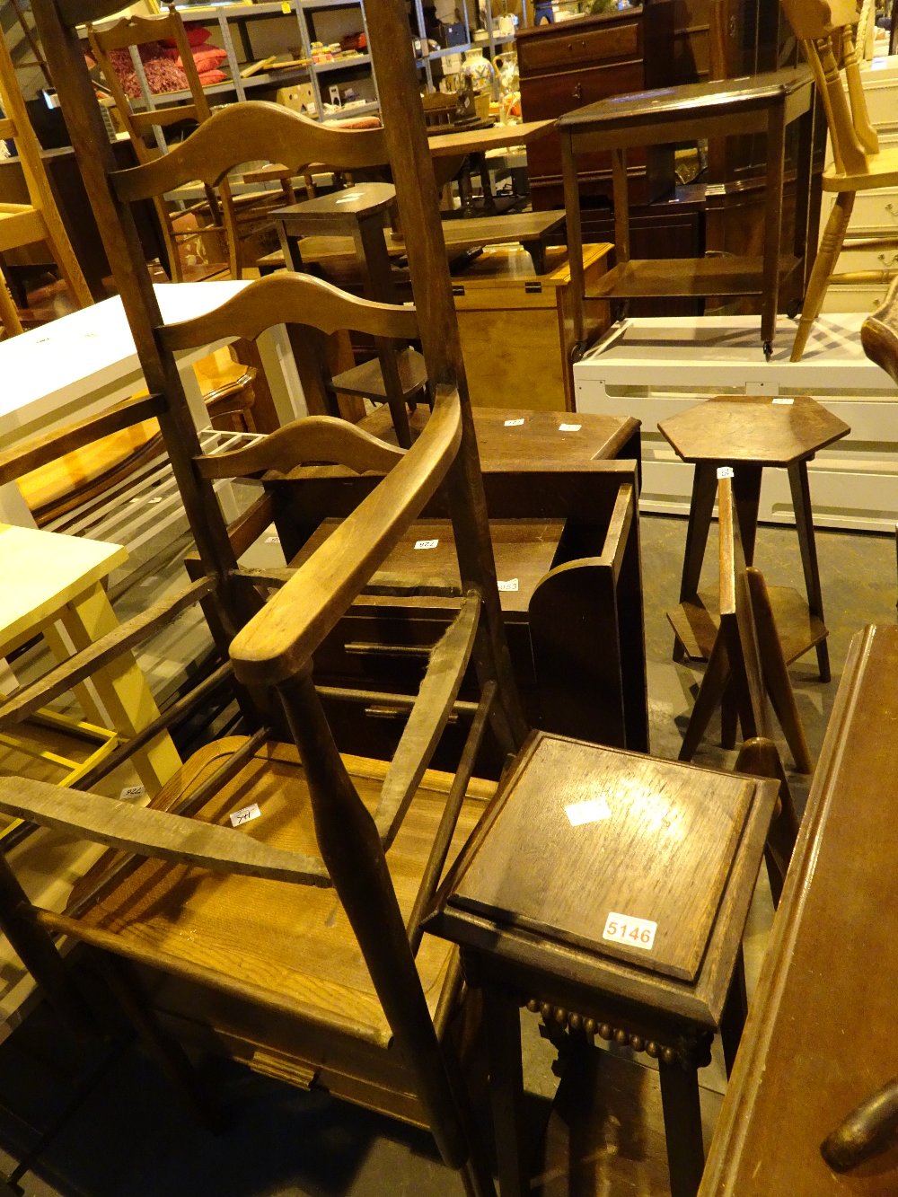 Antique oak plant stand oak lift top sewing box and a vintage chair