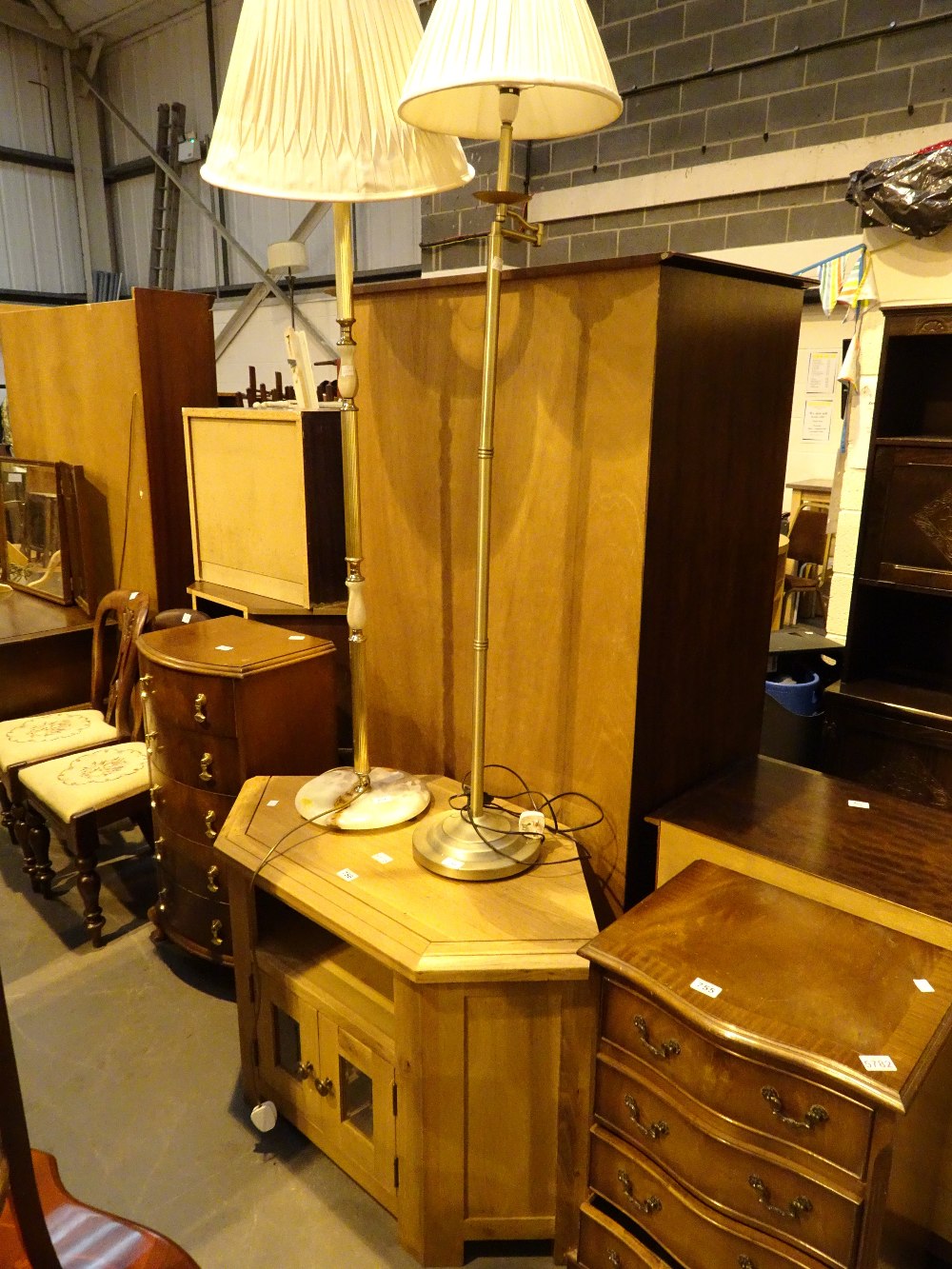 Light oak TV corner stand and two standard lamps with shades