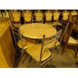 Circular kitchen table with steel frame and four matching chairs D: 90 cm