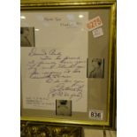 Framed Andy Warhol letter from of Liz Taylor.