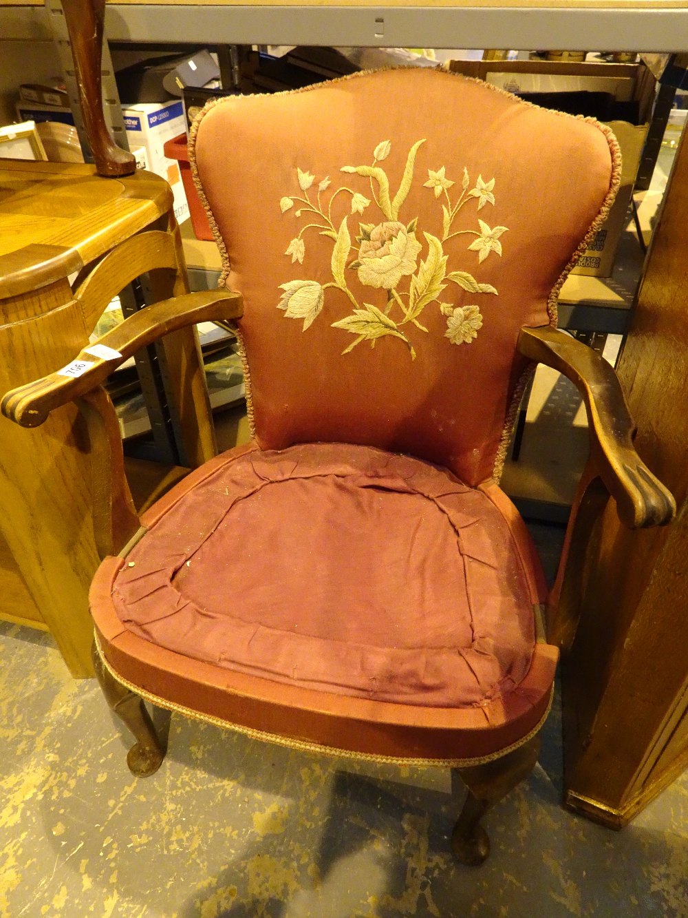 Mahogany framed antique armchair with embroidered back