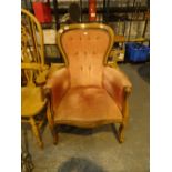 Mahogany framed plush pink bedroom armchair with button back