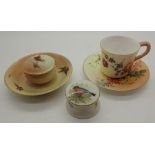 Miniature Royal Worcester items including cup and saucer Bullfinch pill pot and lipped pot with